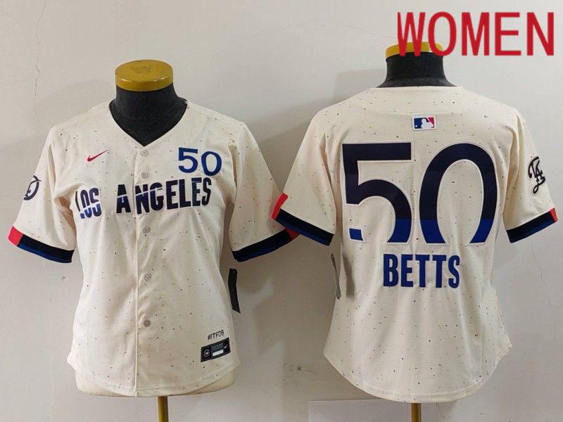 Women Los Angeles Dodgers 50 Betts Cream Fashion Nike Game MLB Jersey style 703